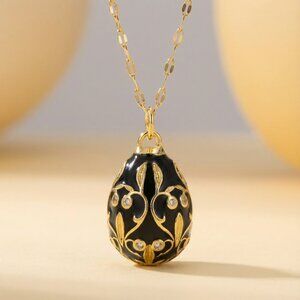 Black & Gold Miniature Filigree  East Egg Necklace, Pendant Small Easter Gift